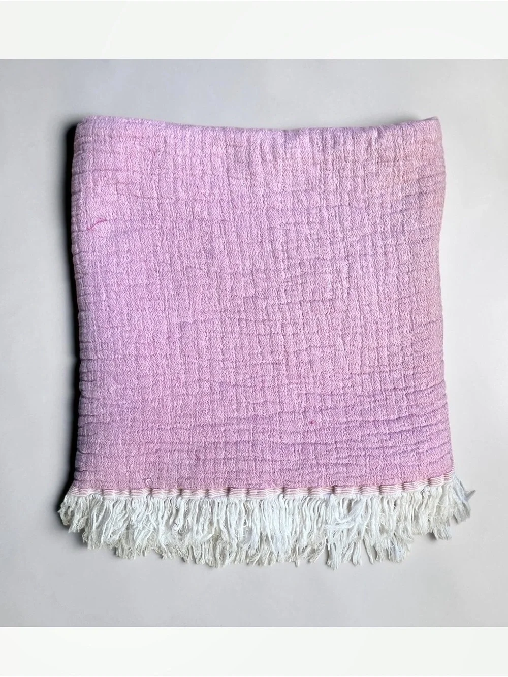 Texteis Penedo Two Tone Cotton Gauze Throw Blanket in Pale Pink/Orange w/Fringe